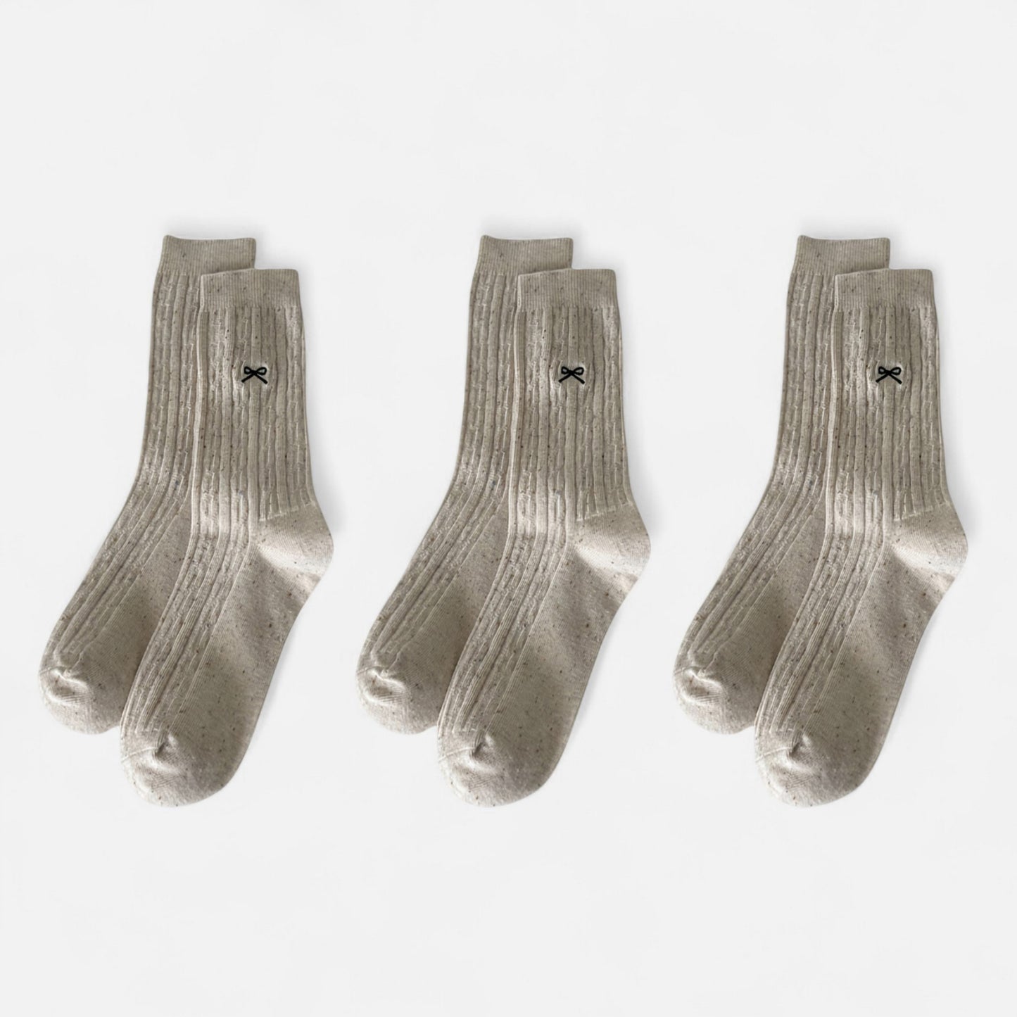 3-Pack Ribbed Crew Socks with Subtle Flecked Texture and Mini Embroidered Bow Accent