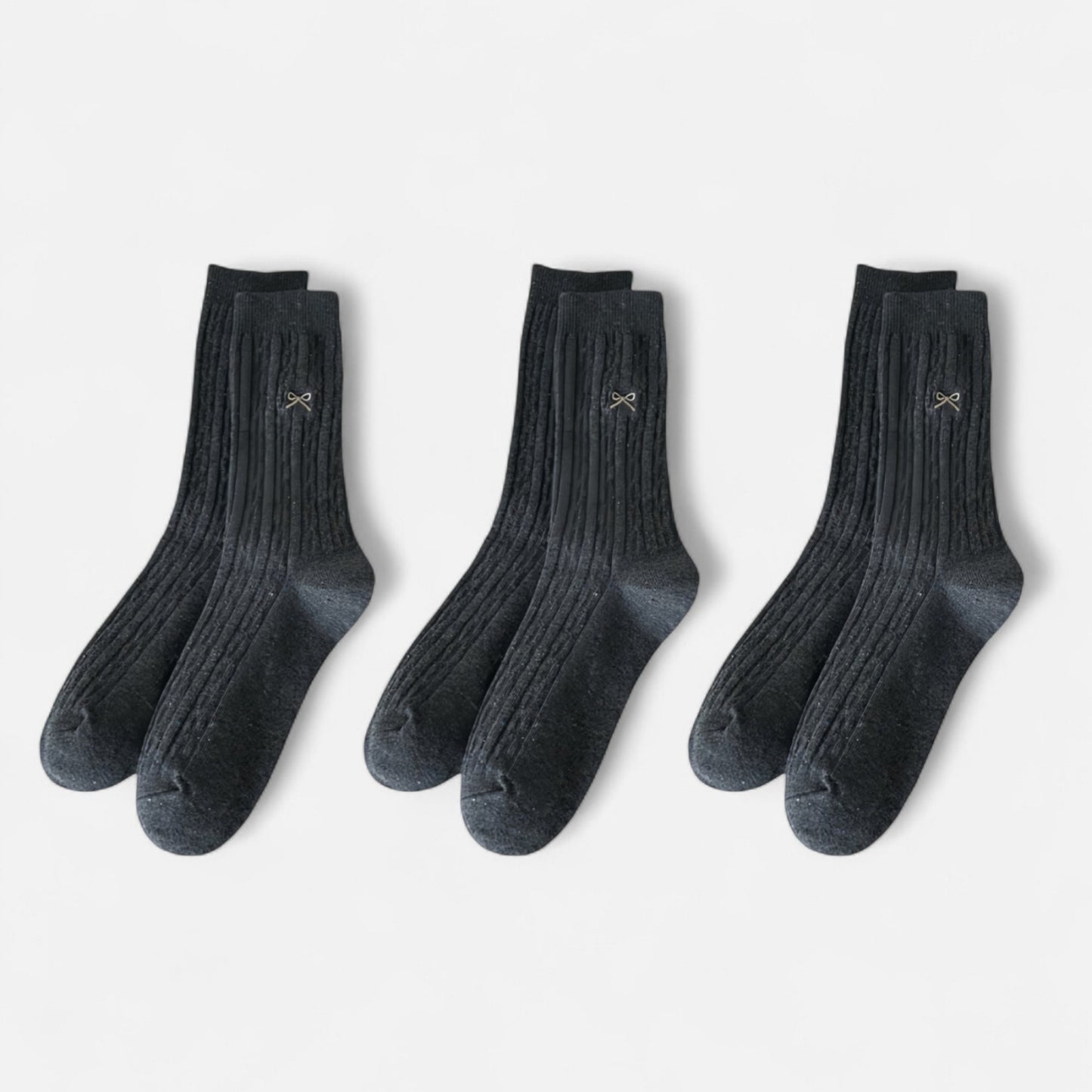 3-Pack Ribbed Crew Socks with Subtle Flecked Texture and Mini Embroidered Bow Accent