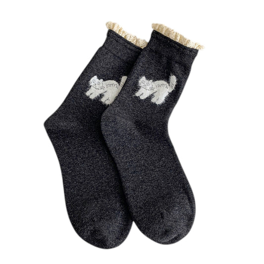 3-Pack Women's Cotton Crew Socks with Embroidered Cat and Lace Trim Cuff
