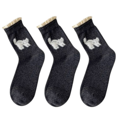 3-Pack Women's Cotton Crew Socks with Embroidered Cat and Lace Trim Cuff