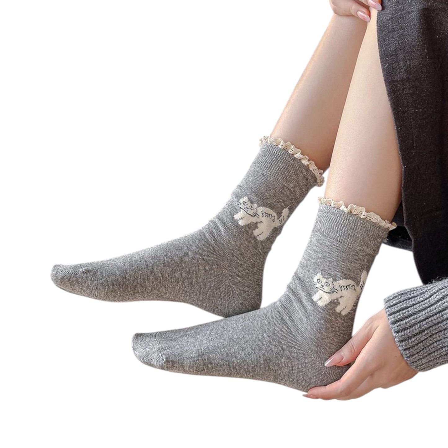 3-Pack Women's Cotton Crew Socks with Embroidered Cat and Lace Trim Cuff