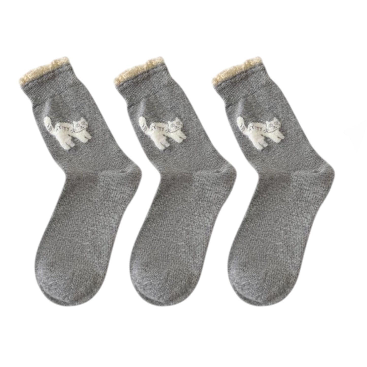 3-Pack Women's Cotton Crew Socks with Embroidered Cat and Lace Trim Cuff
