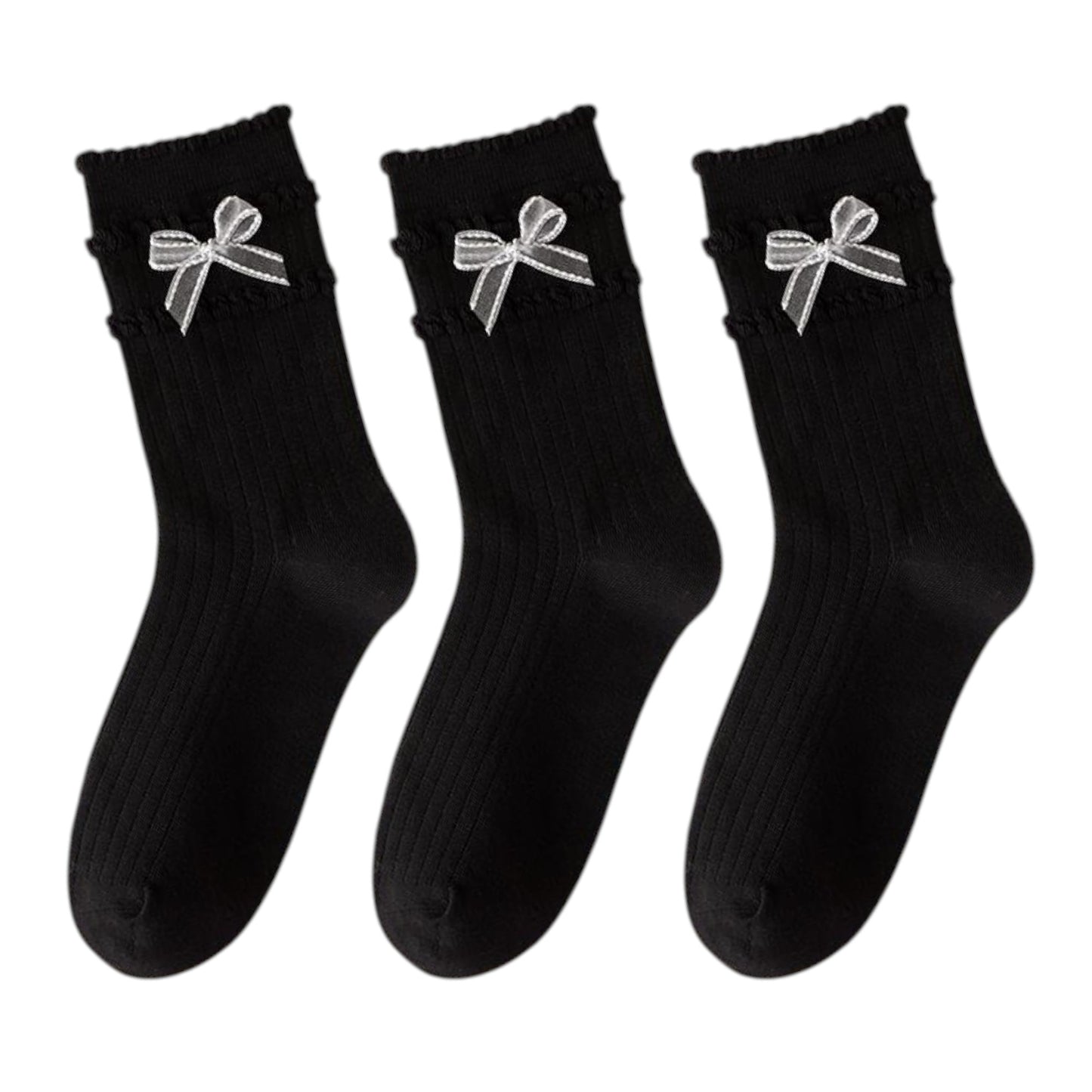 3-Pack Women's Cotton Crew Socks with Ribbed Knit, Satin Bow Accen