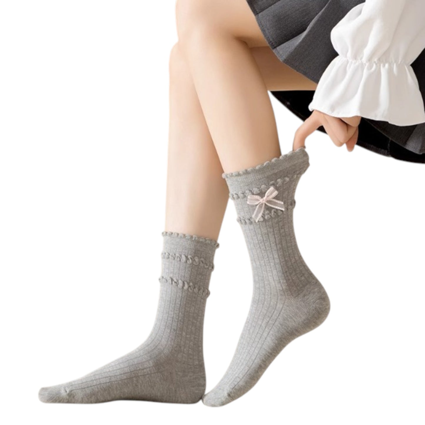 3-Pack Women's Cotton Crew Socks with Ribbed Knit, Satin Bow Accen