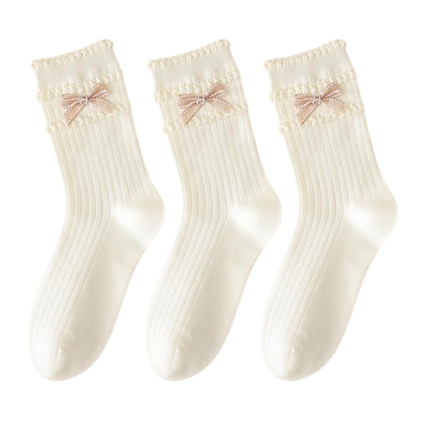 3-Pack Women's Cotton Crew Socks with Ribbed Knit, Satin Bow Accen