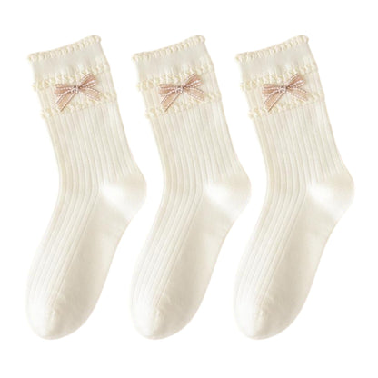 3-Pack Women's Cotton Crew Socks with Ribbed Knit, Satin Bow Accen