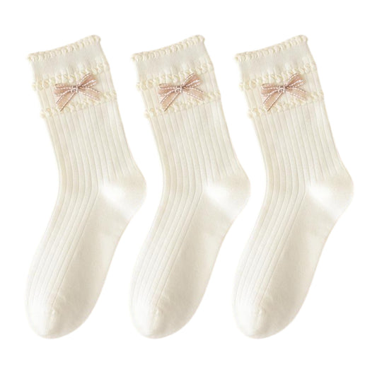 3-Pack Women's Cotton Crew Socks with Ribbed Knit, Satin Bow Accen
