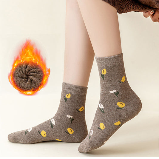 4 Pairs Knit Socks with Floral and Plaid Patterns Soft Warm Fabric and Ribbed Comfort Cuffs