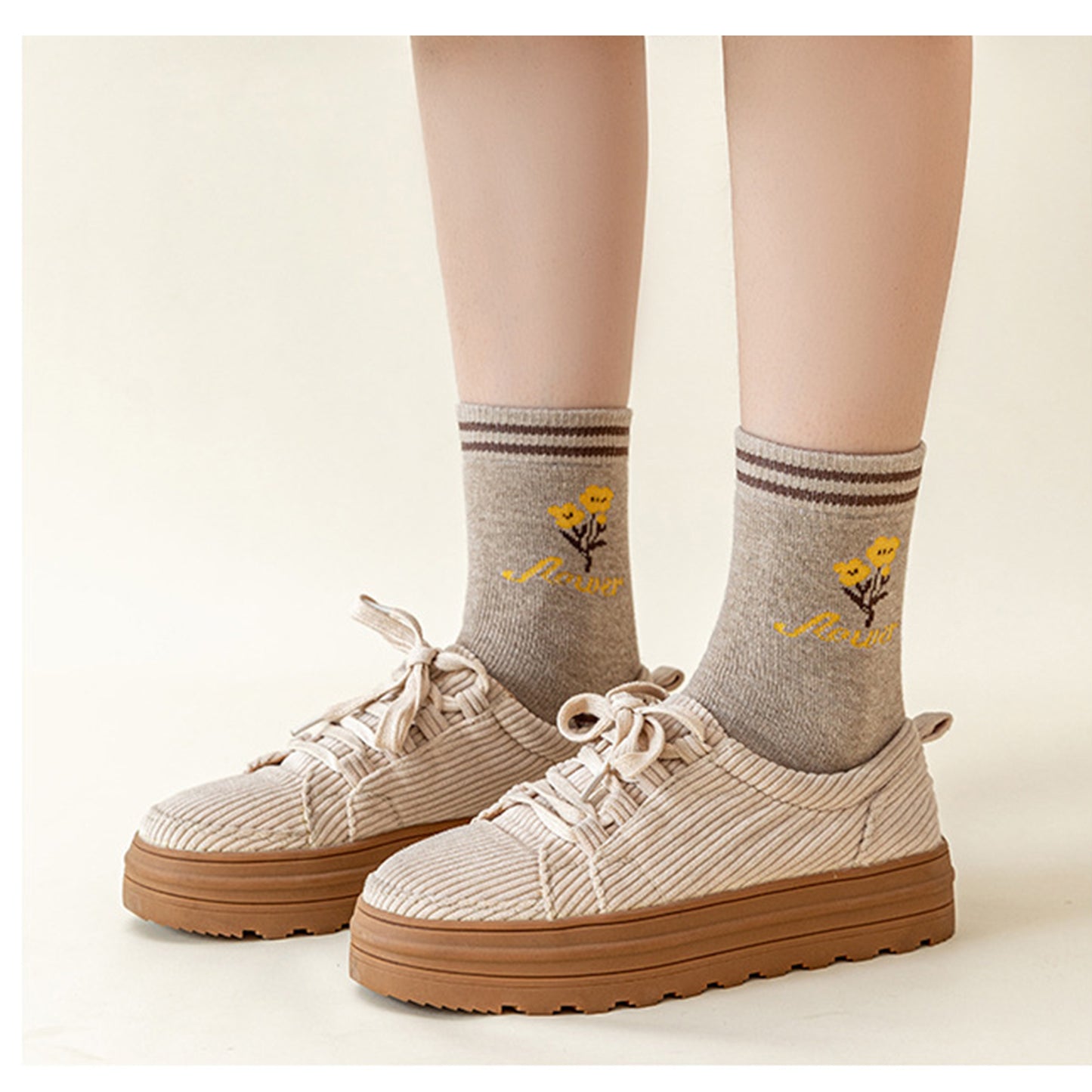 4 Pairs Knit Socks with Floral and Plaid Patterns Soft Warm Fabric and Ribbed Comfort Cuffs