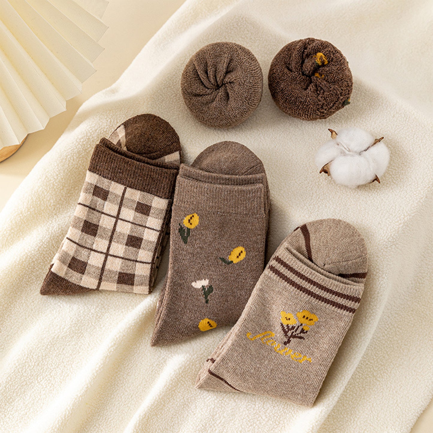 4 Pairs Knit Socks with Floral and Plaid Patterns Soft Warm Fabric and Ribbed Comfort Cuffs