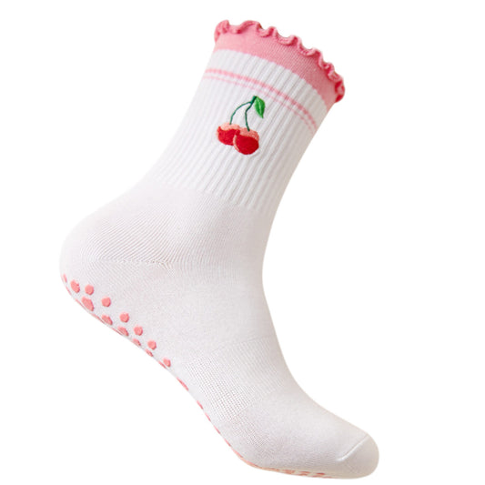 3-Pack Cotton Crew Socks with Non-Slip Grip and Embroidered Fruit and Animal Designs