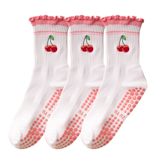3-Pack Cotton Crew Socks with Non-Slip Grip and Embroidered Fruit and Animal Designs