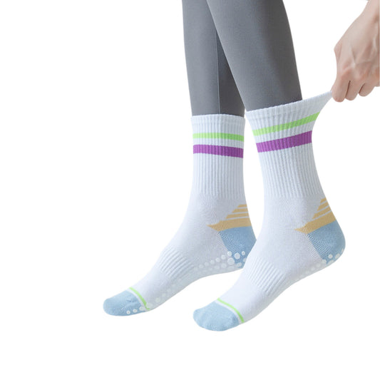 3-Pack Women's Cotton Crew Socks with Color Block Toes Striped Cuffs and Non-Slip Grip Soles
