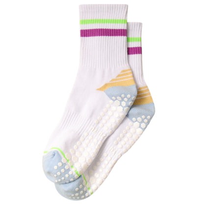3-Pack Women's Cotton Crew Socks with Color Block Toes Striped Cuffs and Non-Slip Grip Soles