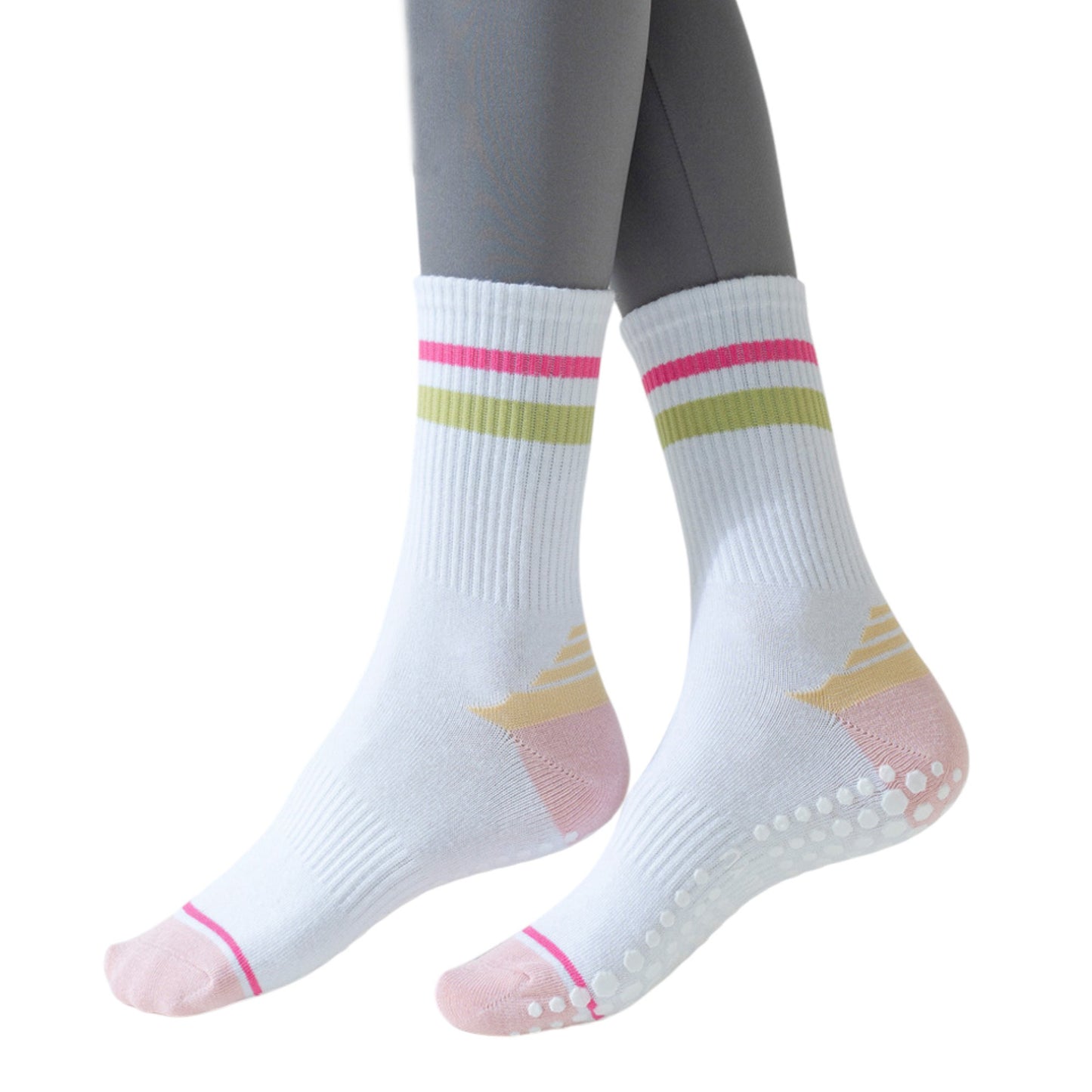 3-Pack Women's Cotton Crew Socks with Color Block Toes Striped Cuffs and Non-Slip Grip Soles
