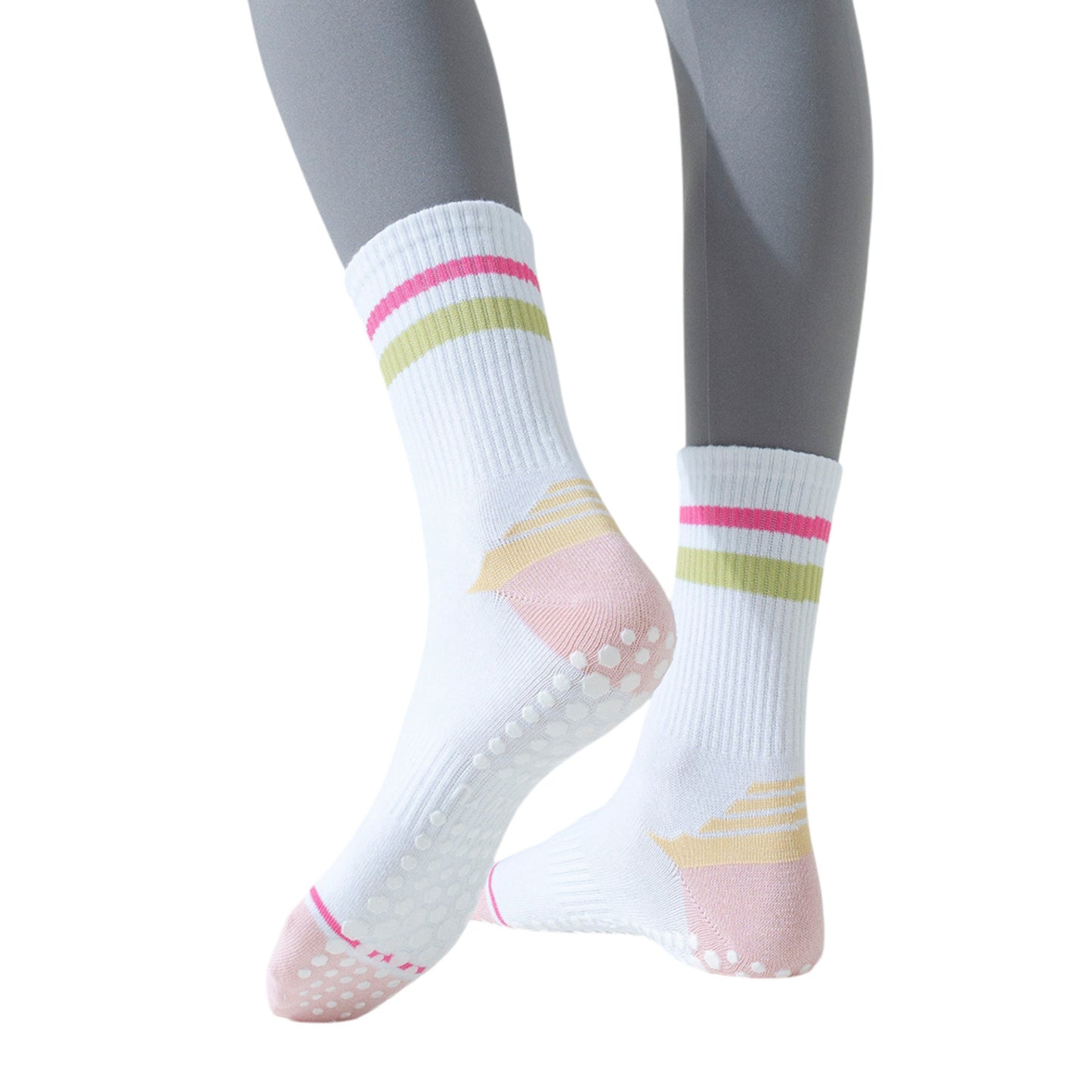 3-Pack Women's Cotton Crew Socks with Color Block Toes Striped Cuffs and Non-Slip Grip Soles
