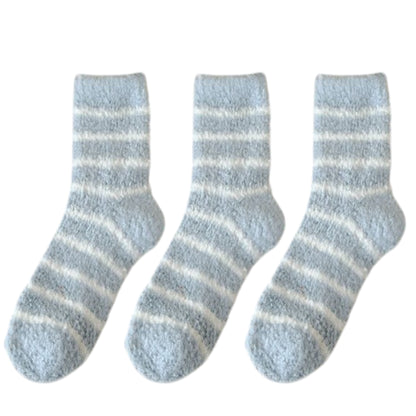 3 Pairs Plush Crew Socks with Cozy Striped Design