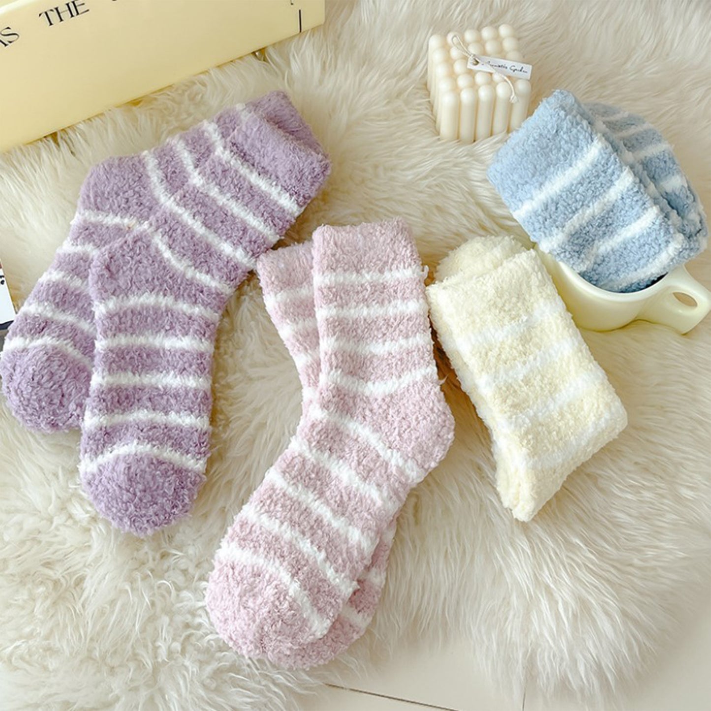 3 Pairs Plush Crew Socks with Cozy Striped Design