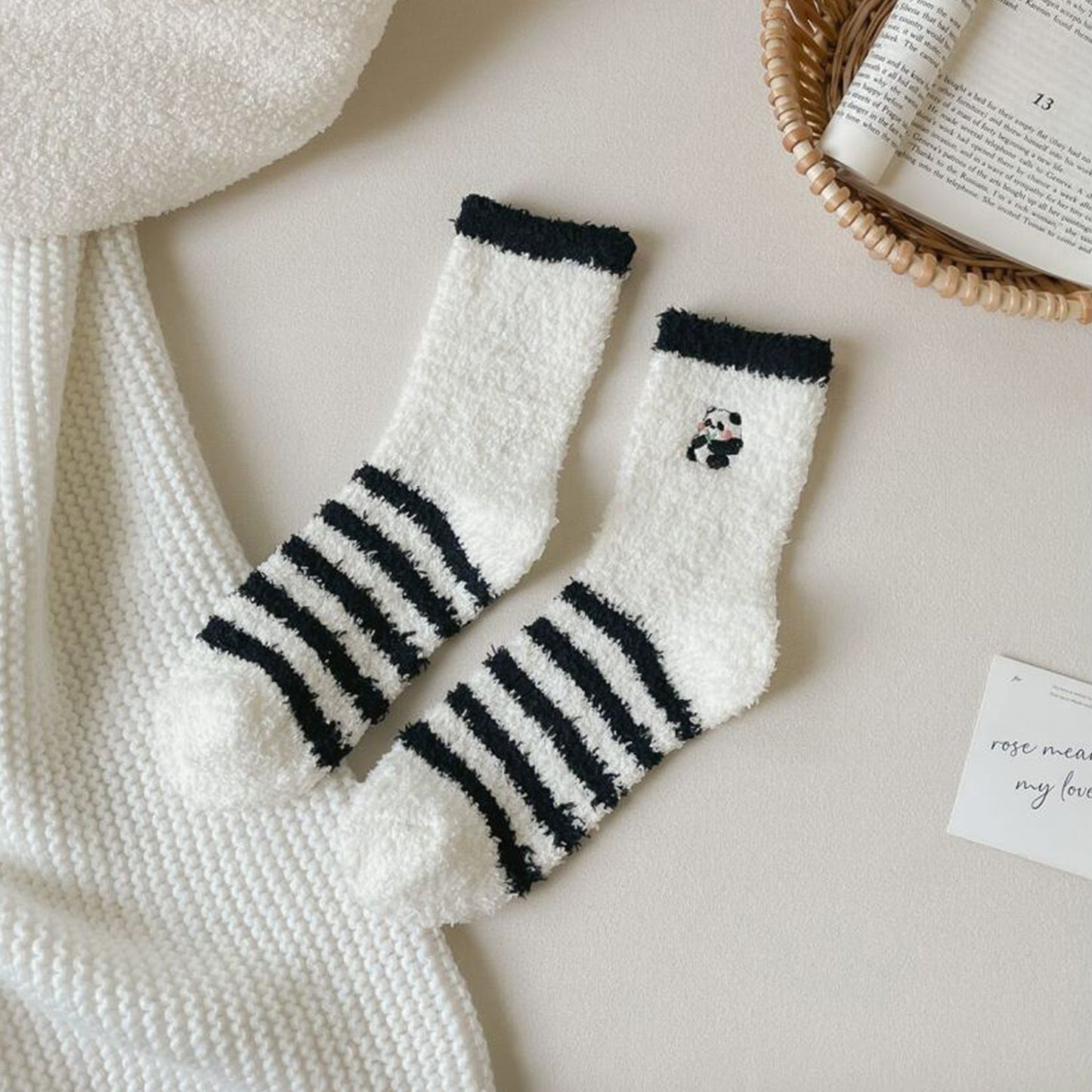 3 Pairs Cozy Fluffy Crew Socks with Cute Panda Embroidery and Fun Pattern Designs