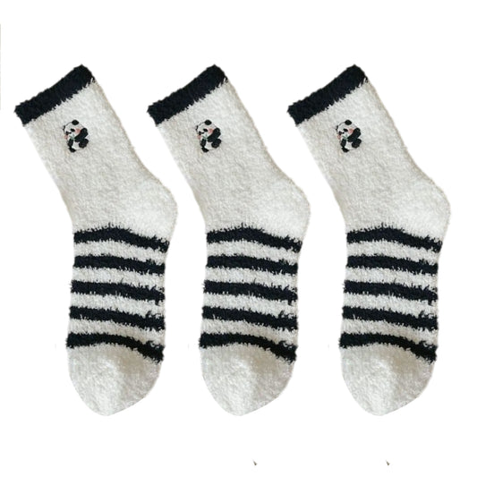 3 Pairs Cozy Fluffy Crew Socks with Cute Panda Embroidery and Fun Pattern Designs