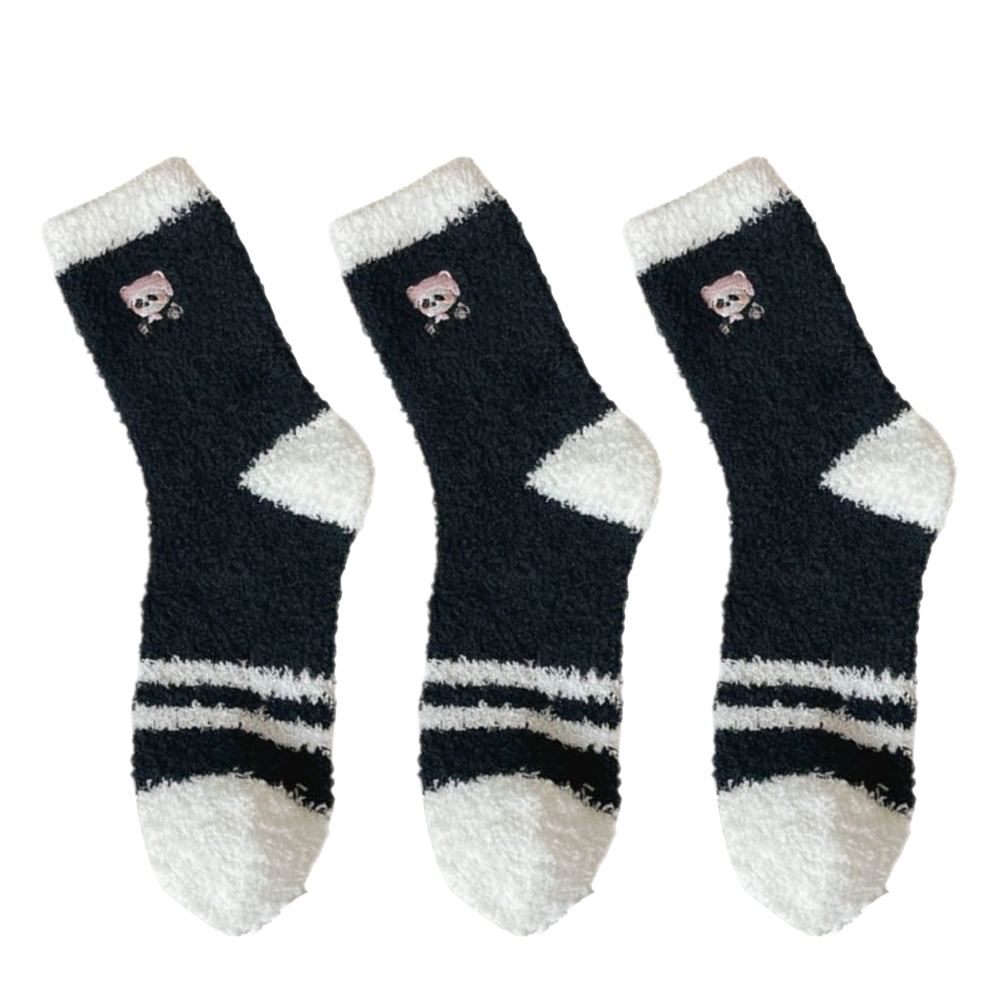 3 Pairs Cozy Fluffy Crew Socks with Cute Panda Embroidery and Fun Pattern Designs