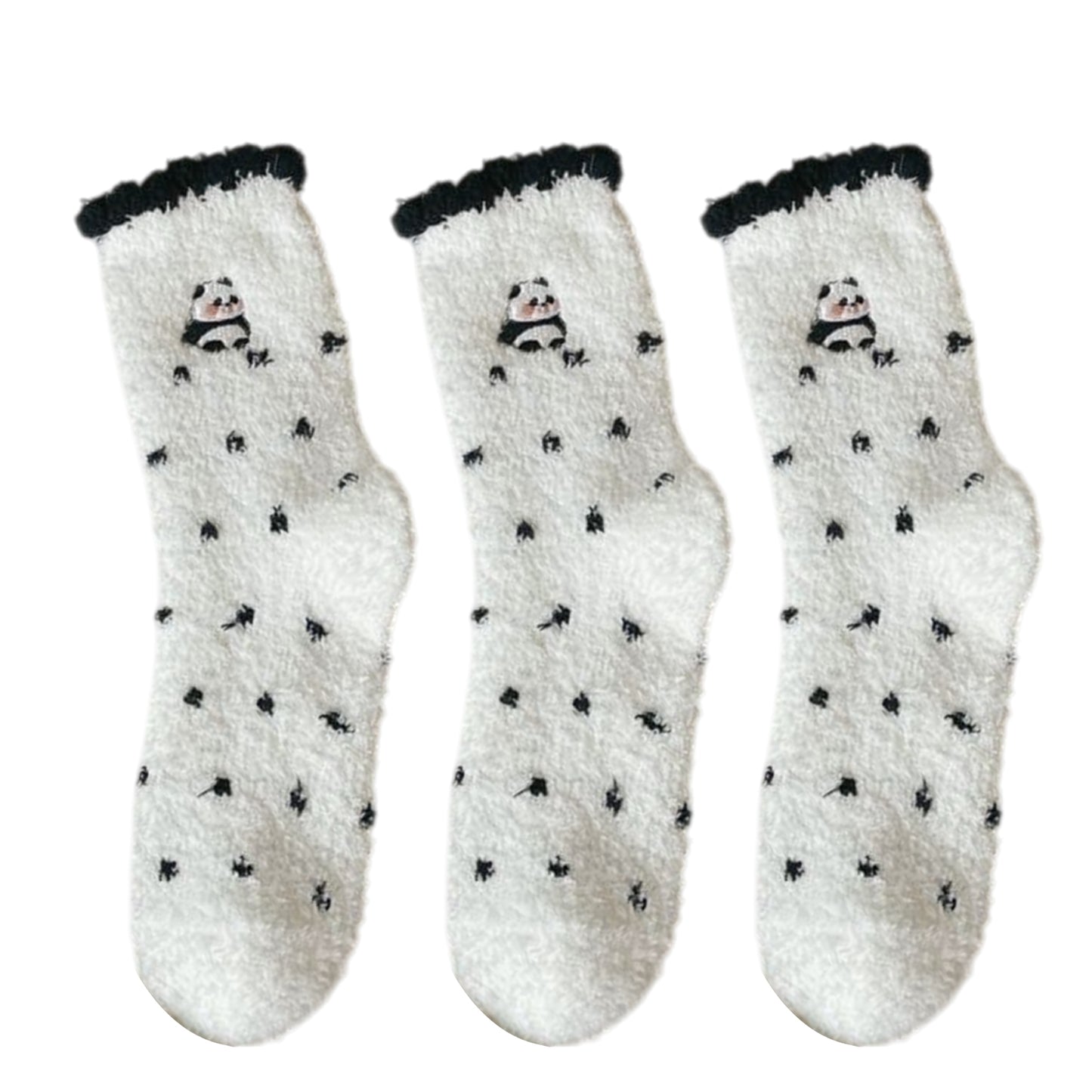 3 Pairs Cozy Fluffy Crew Socks with Cute Panda Embroidery and Fun Pattern Designs