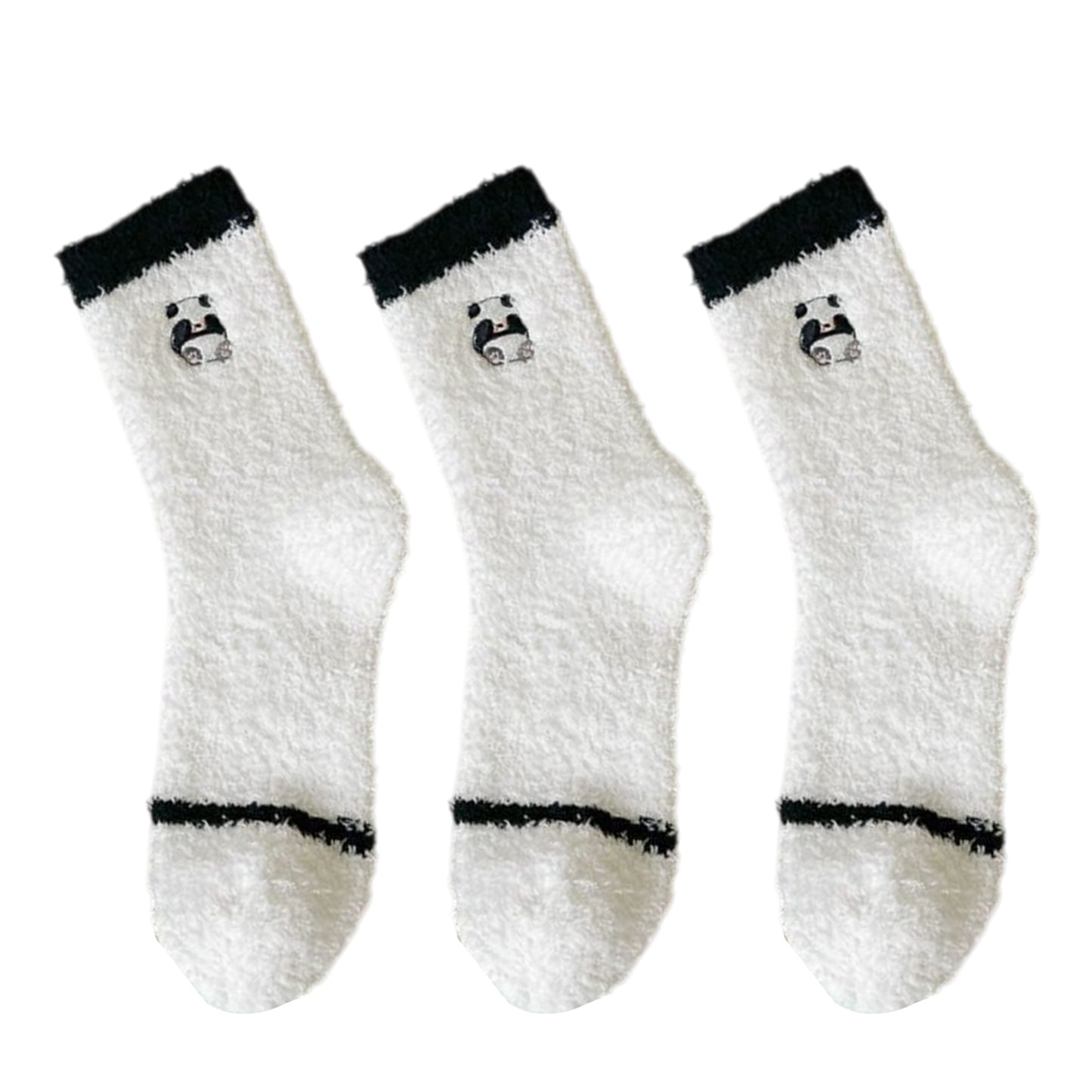 3 Pairs Cozy Fluffy Crew Socks with Cute Panda Embroidery and Fun Pattern Designs