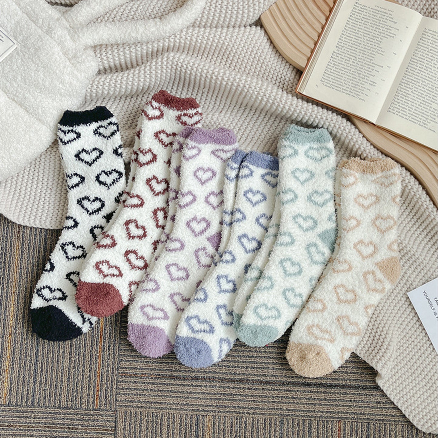 3 Pairs Cozy Fluffy Crew Socks with Heart Pattern Design for Women