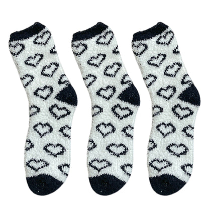 3 Pairs Cozy Fluffy Crew Socks with Heart Pattern Design for Women