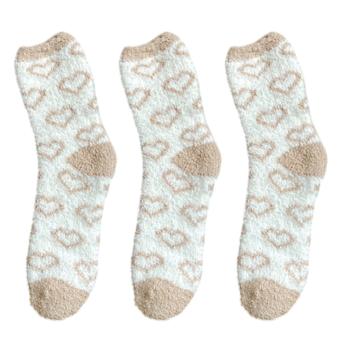 3 Pairs Cozy Fluffy Crew Socks with Heart Pattern Design for Women