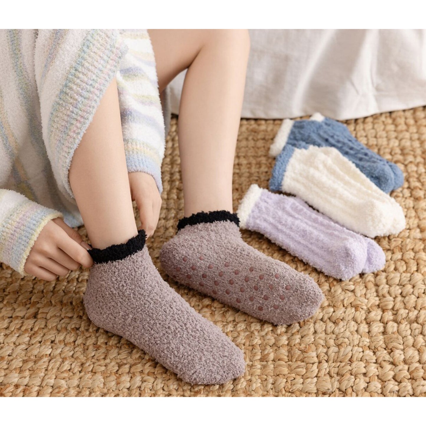 3 Pairs Plush Anti-Slip Fuzzy Ankle Socks with Soft Cuff Trim