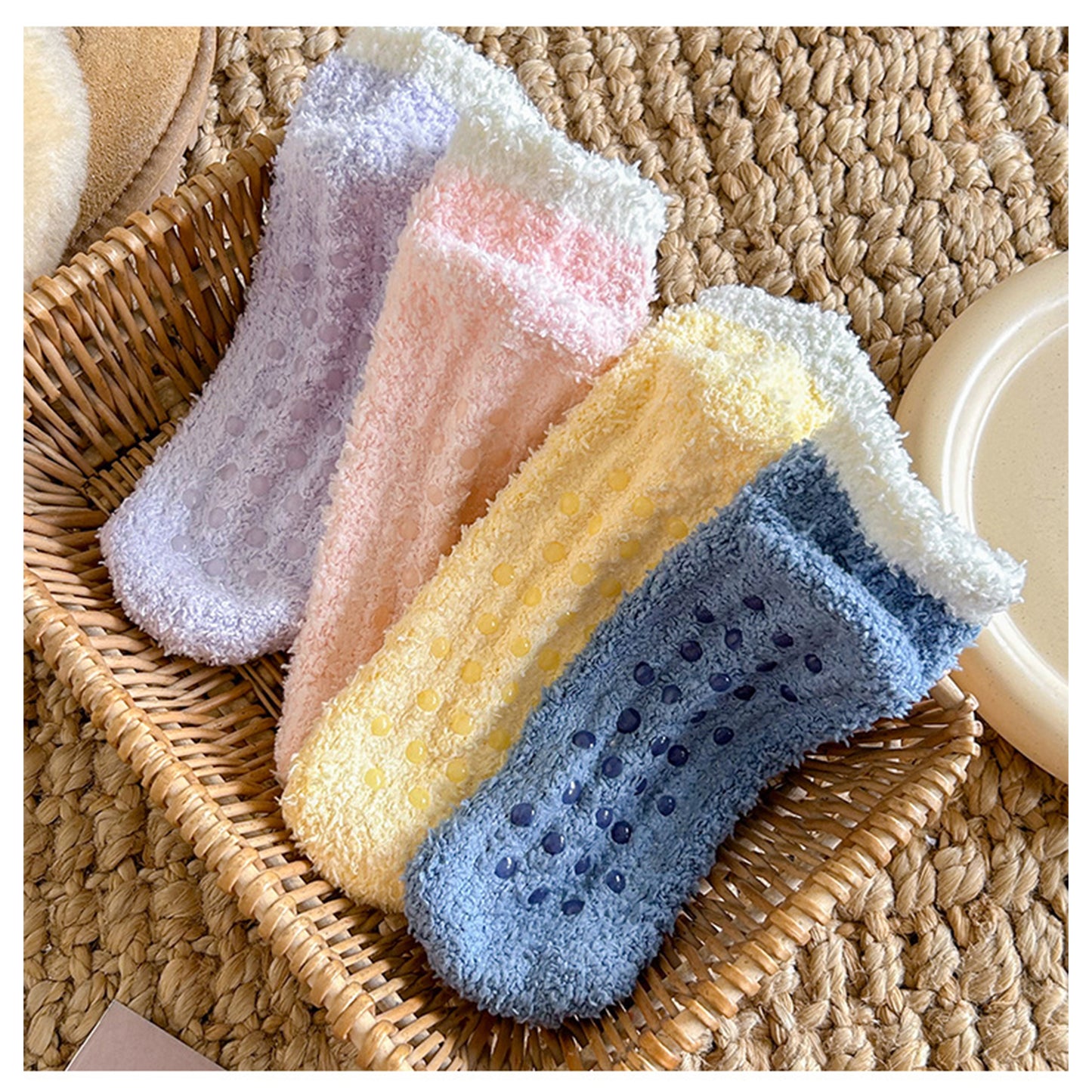 3 Pairs Plush Anti-Slip Fuzzy Ankle Socks with Soft Cuff Trim