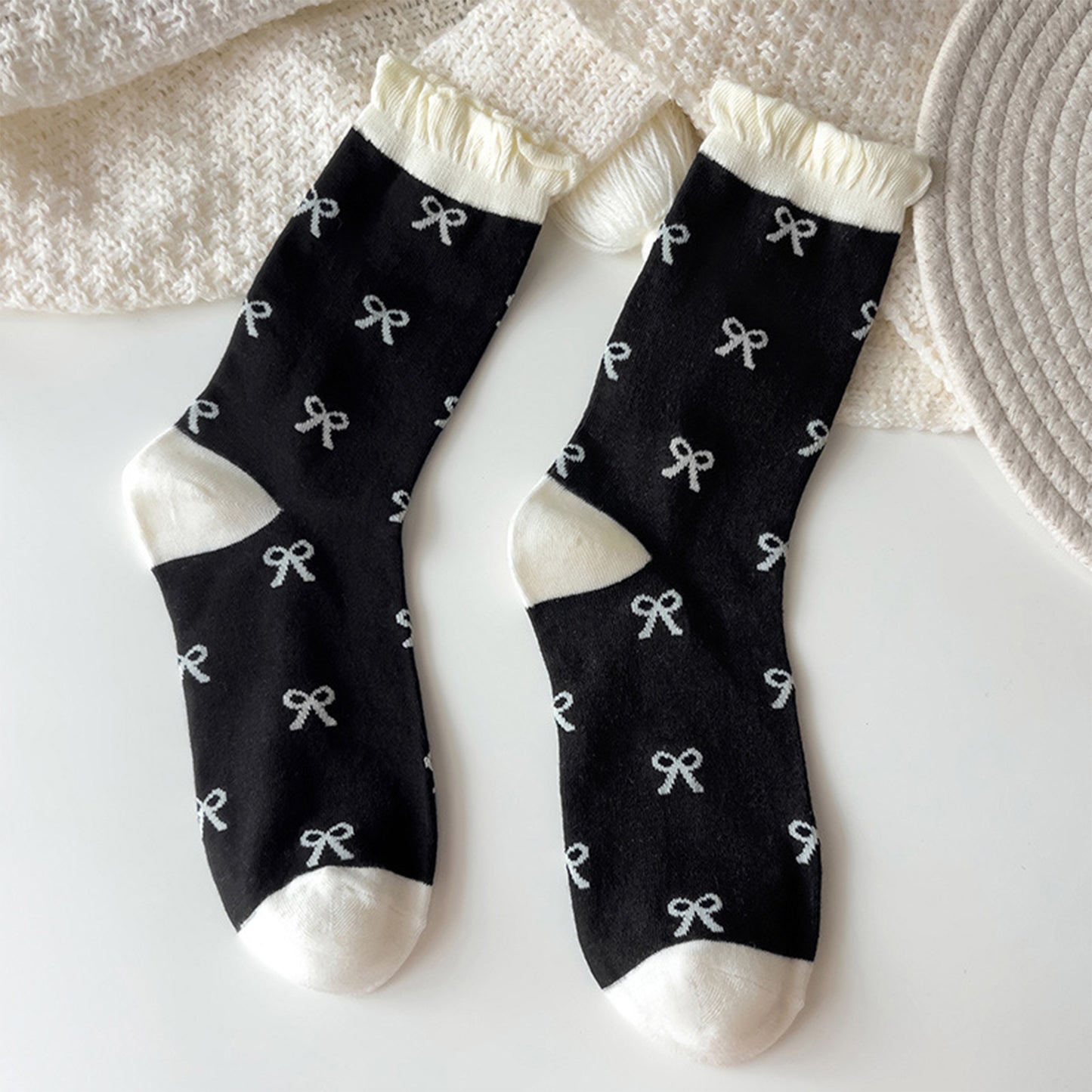 3 Pairs Women's Mid-Calf Socks with Bow Pattern and Ruffled Cuff