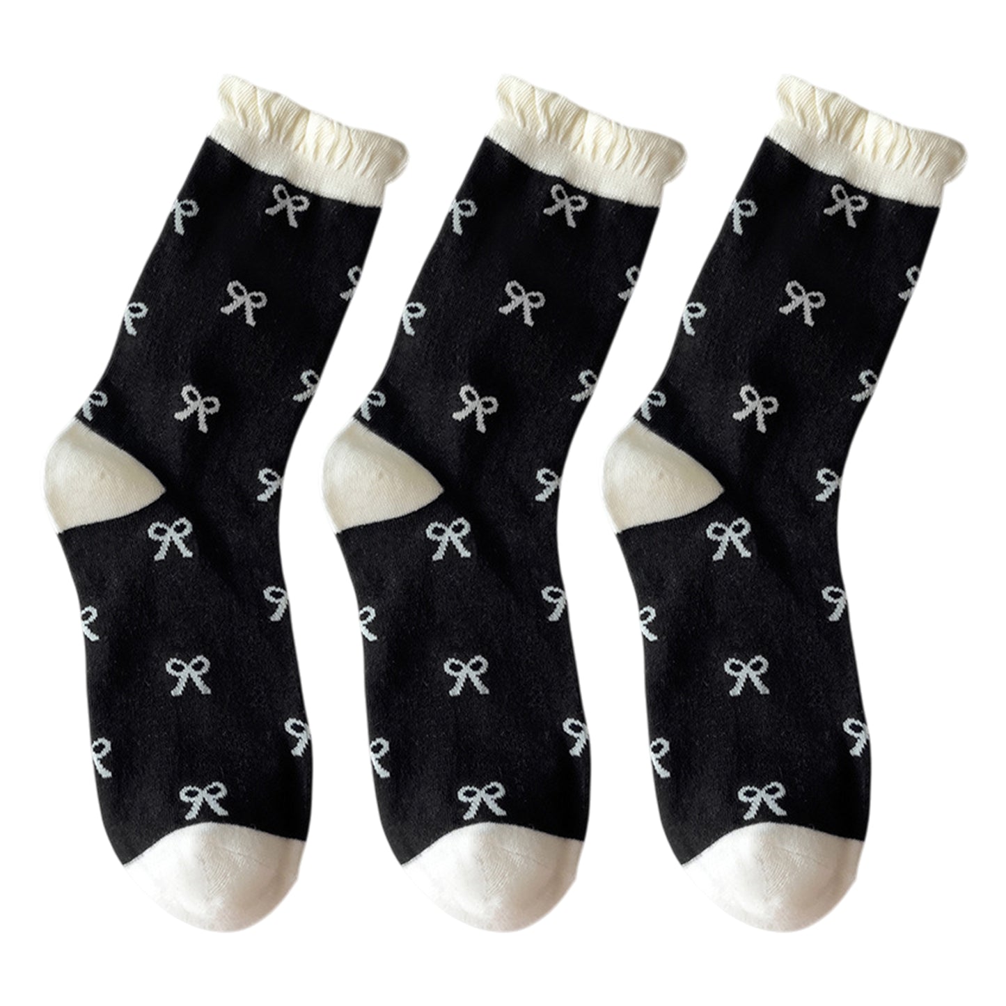 3 Pairs Women's Mid-Calf Socks with Bow Pattern and Ruffled Cuff