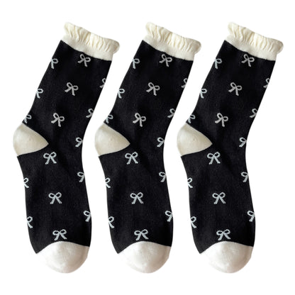 3 Pairs Women's Mid-Calf Socks with Bow Pattern and Ruffled Cuff