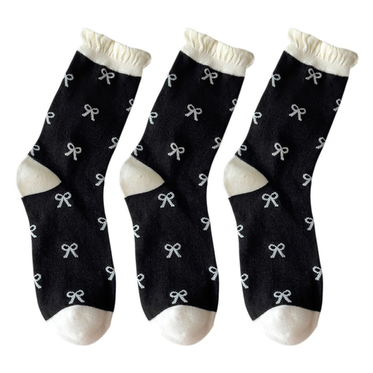 3 Pairs Women's Mid-Calf Socks with Bow Pattern and Ruffled Cuff