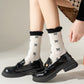 3 Pairs Women's Mid-Calf Socks with Bow Pattern and Ruffled Cuff