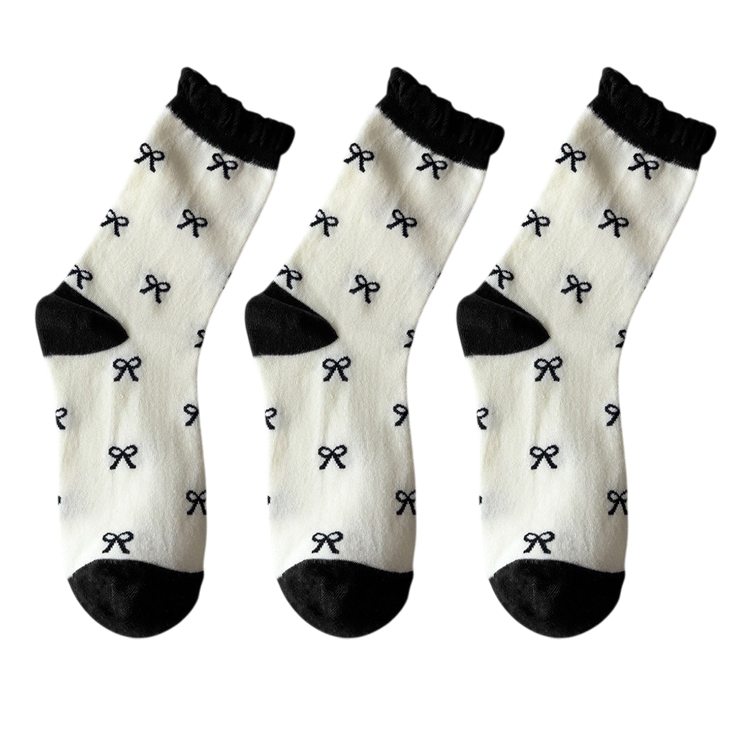 3 Pairs Women's Mid-Calf Socks with Bow Pattern and Ruffled Cuff