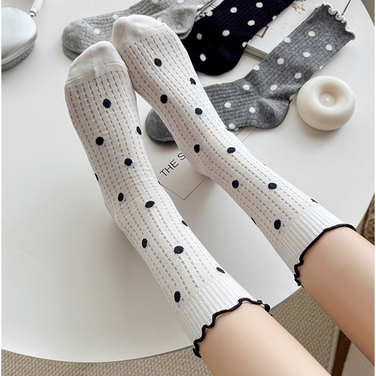 3 Pairs Women's Mid-Calf Polka Dot Socks with Lettuce Edge Cuff