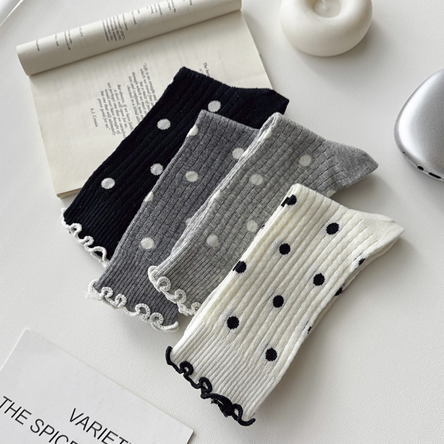 3 Pairs Women's Mid-Calf Polka Dot Socks with Lettuce Edge Cuff