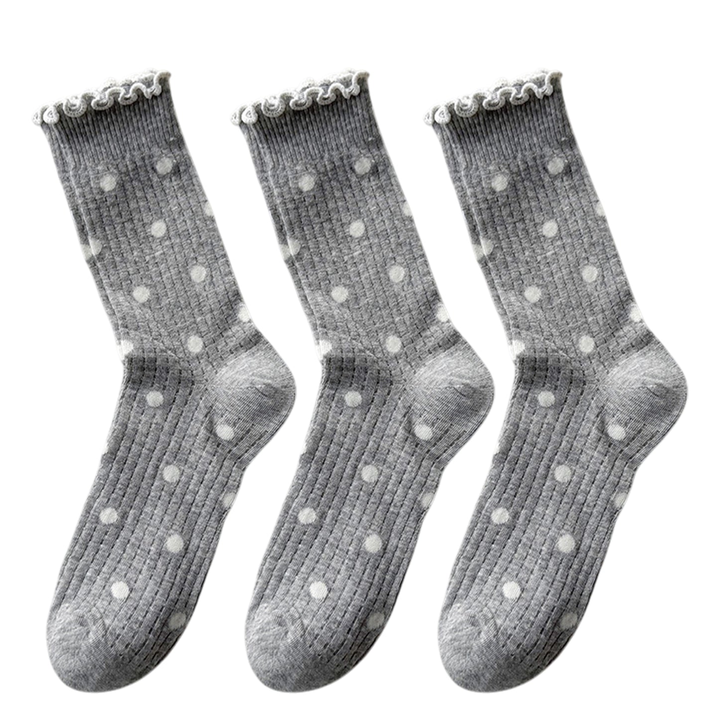 3 Pairs Women's Mid-Calf Polka Dot Socks with Lettuce Edge Cuff