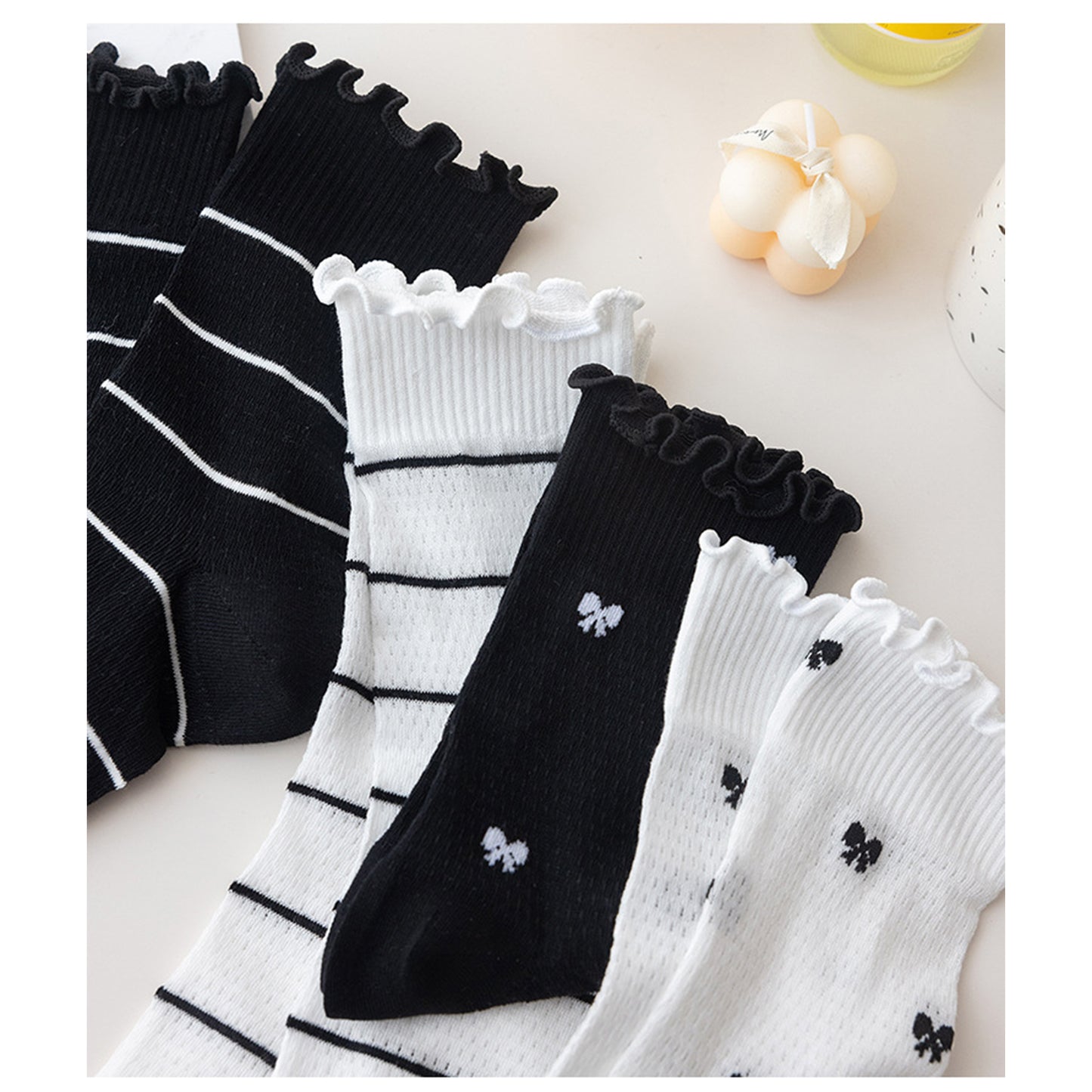 3 Pairs Women's Sheer Mesh Socks with Bow and Stripe Patterns and Ruffled Cuff