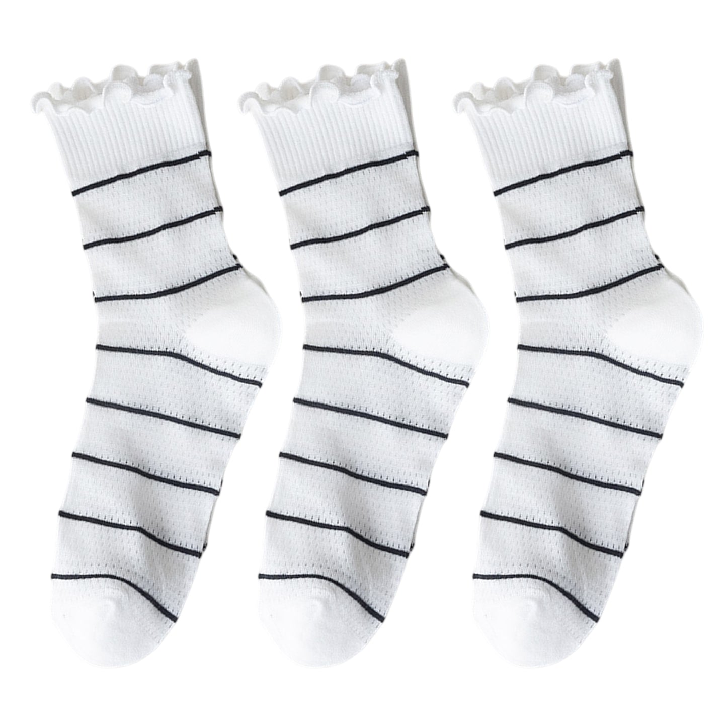 3 Pairs Women's Sheer Mesh Socks with Bow and Stripe Patterns and Ruffled Cuff