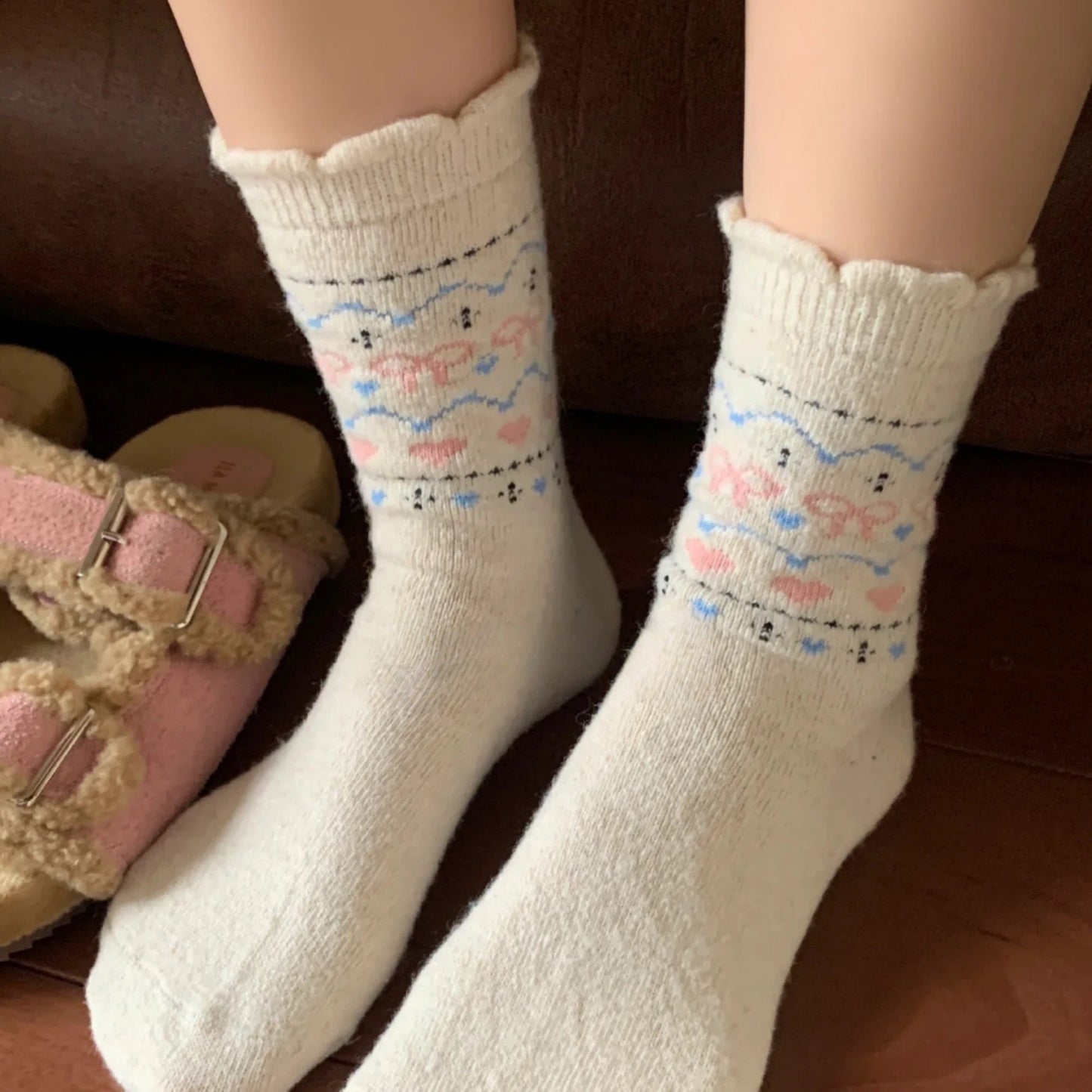 3-Pair Pack Crew Socks with Heart and Bow Pattern Knit Design Perfect for Gifting and Everyday Wear