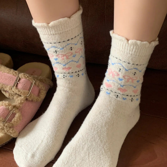 3-Pair Pack Crew Socks with Heart and Bow Pattern Knit Design Perfect for Gifting and Everyday Wear