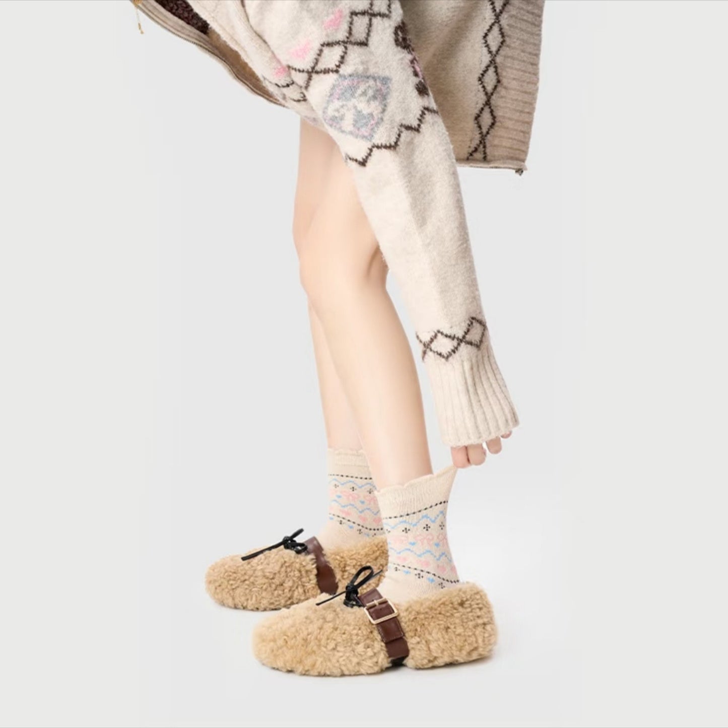 3-Pair Pack Crew Socks with Heart and Bow Pattern Knit Design Perfect for Gifting and Everyday Wear