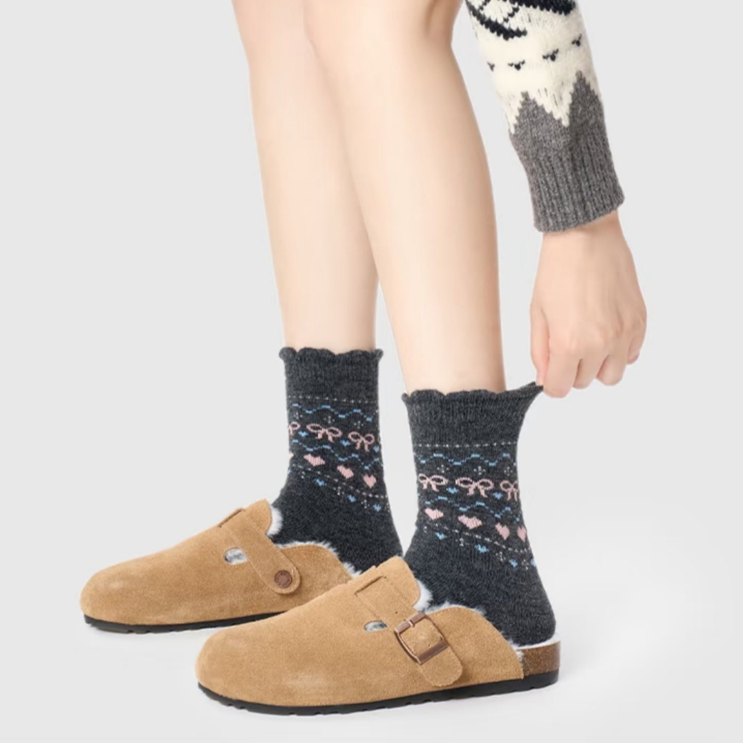 3-Pair Pack Crew Socks with Heart and Bow Pattern Knit Design Perfect for Gifting and Everyday Wear