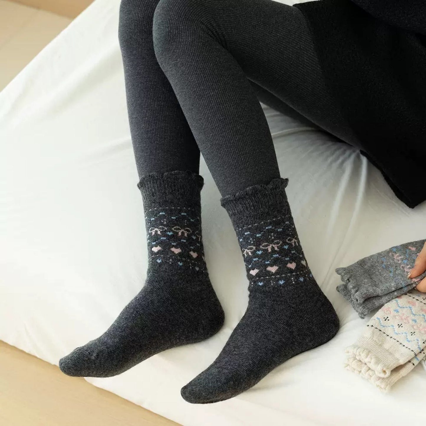 3-Pair Pack Crew Socks with Heart and Bow Pattern Knit Design Perfect for Gifting and Everyday Wear