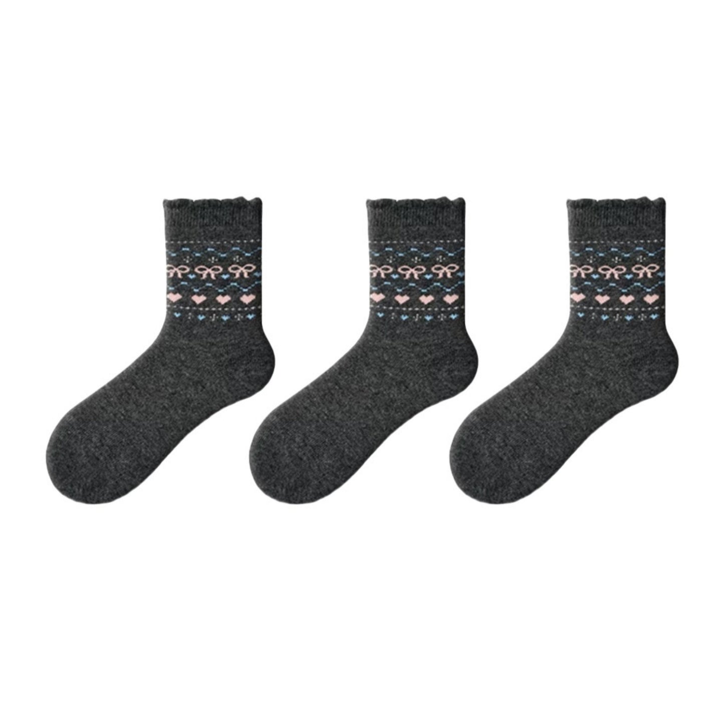 3-Pair Pack Crew Socks with Heart and Bow Pattern Knit Design Perfect for Gifting and Everyday Wear