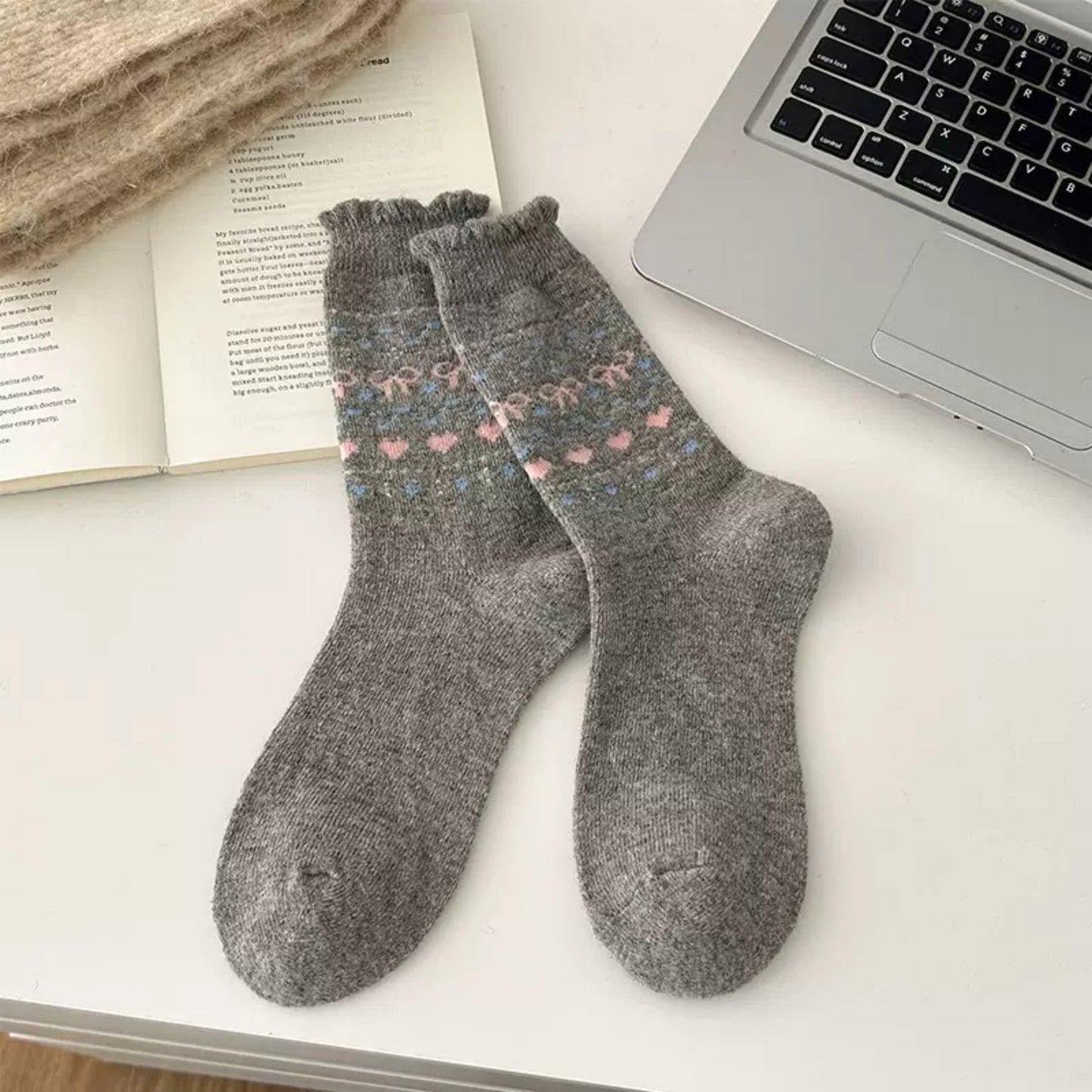 3-Pair Pack Crew Socks with Heart and Bow Pattern Knit Design Perfect for Gifting and Everyday Wear